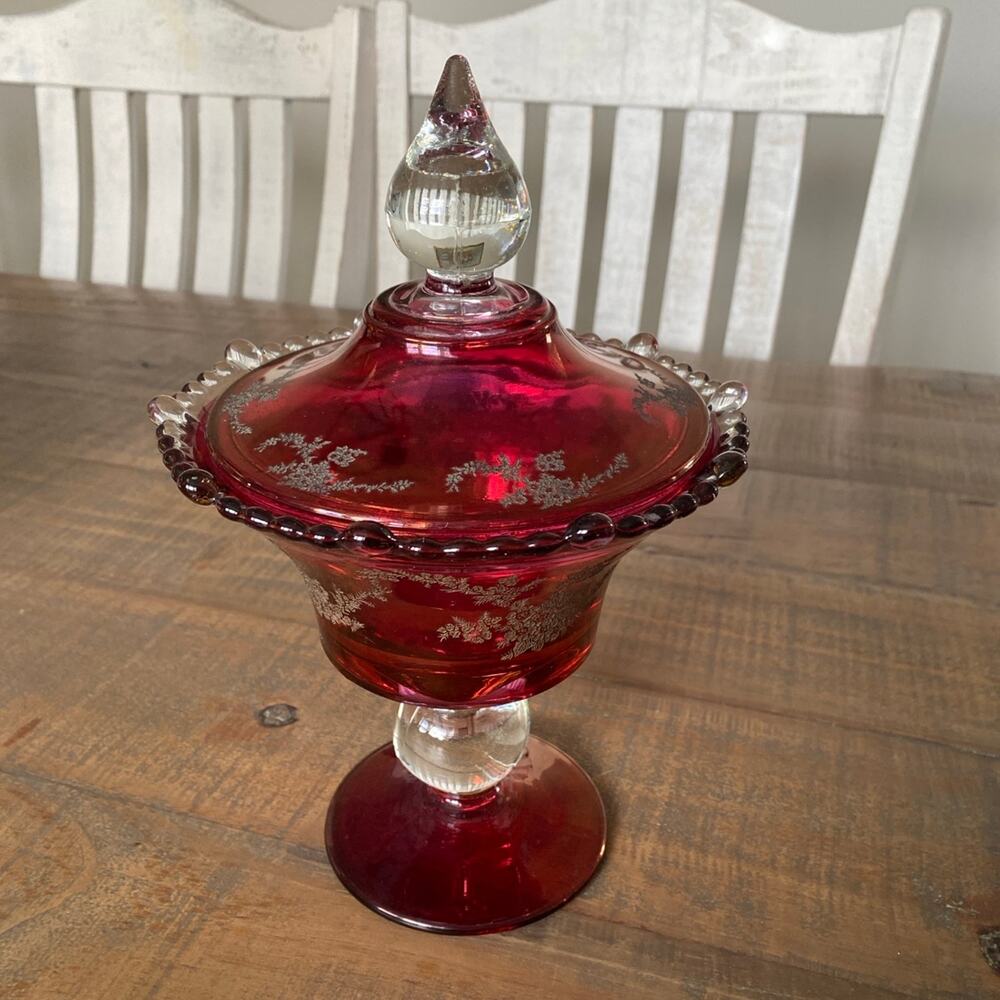 Vintage Cranberry Flash Glass Covered Pedestal Compote Candy Dish